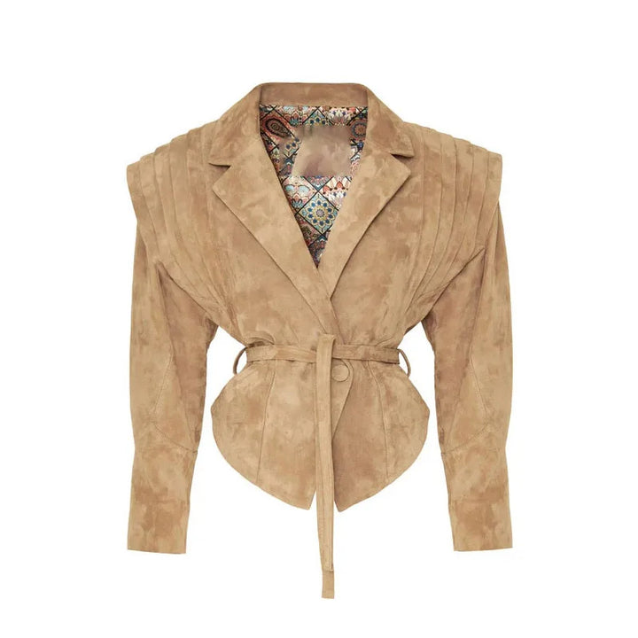 Fashion faux leather jacket for women with a textured design and extravagant shoulder accents Lune London