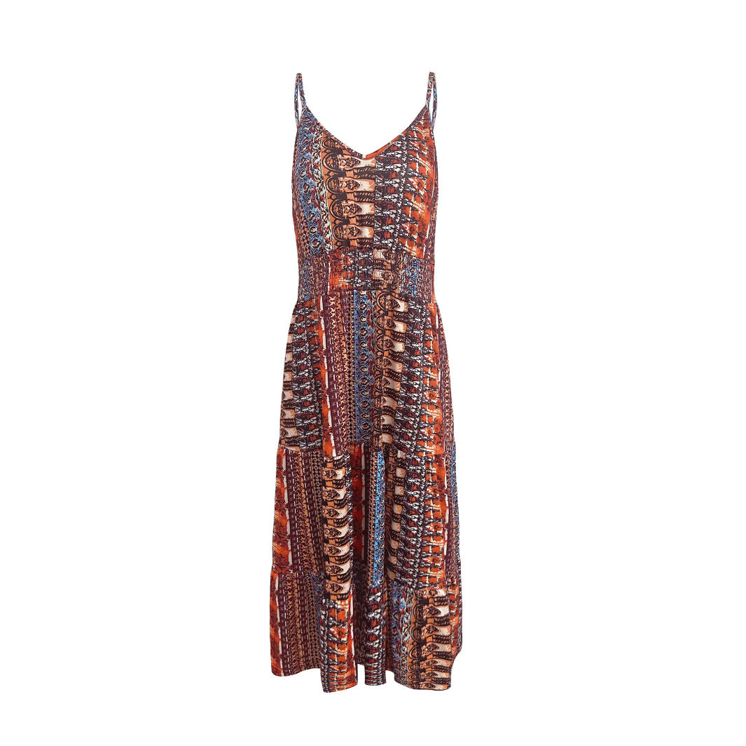 Maxi dress for women with an elegant patchwork pattern and a high slit Lune London