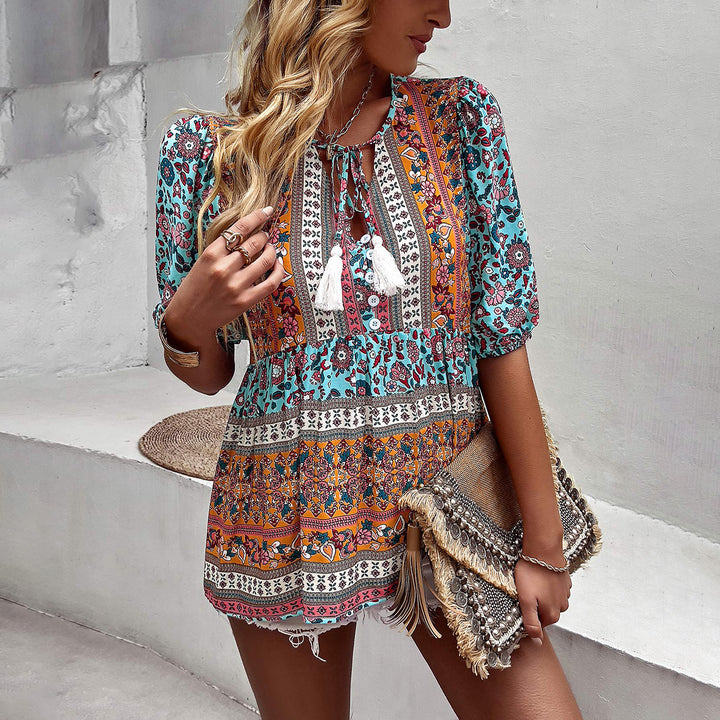 Ladies Boho Tunic with Elastic Sleeves and Playful V Neck Lune London