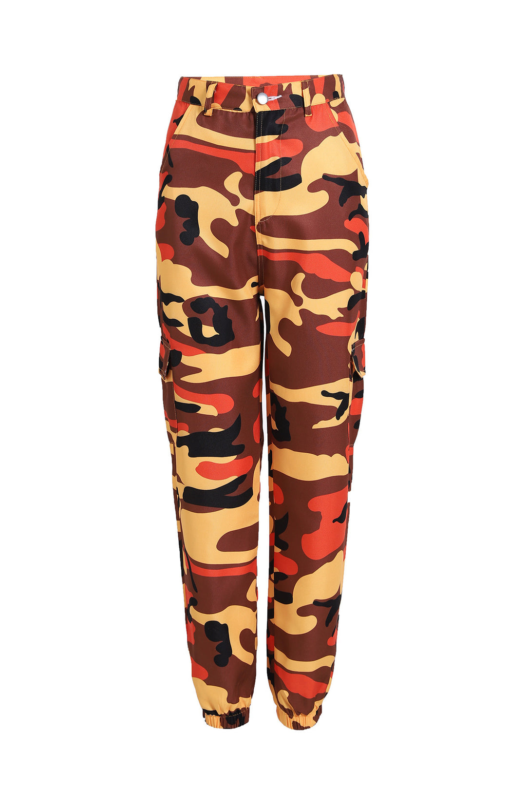 Cargo pants for women with a modern camouflage design featuring practical pockets and elastic waist Lune London