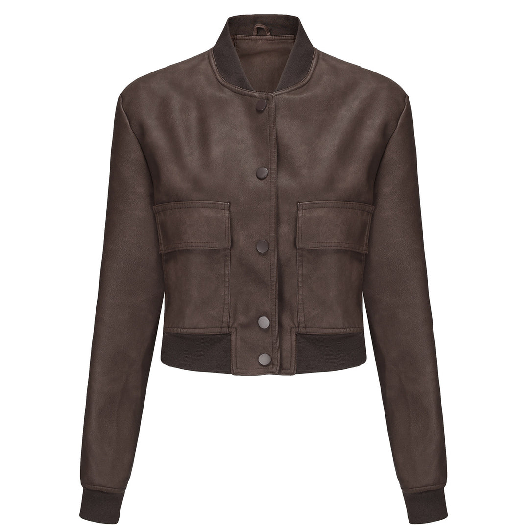 Faux leather bomber jacket for women with practical pockets and elastic cuffs Lune London