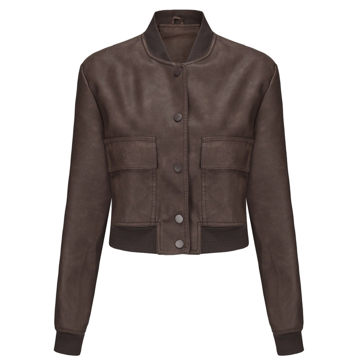 Faux leather bomber jacket for women with practical pockets and elastic cuffs Lune London
