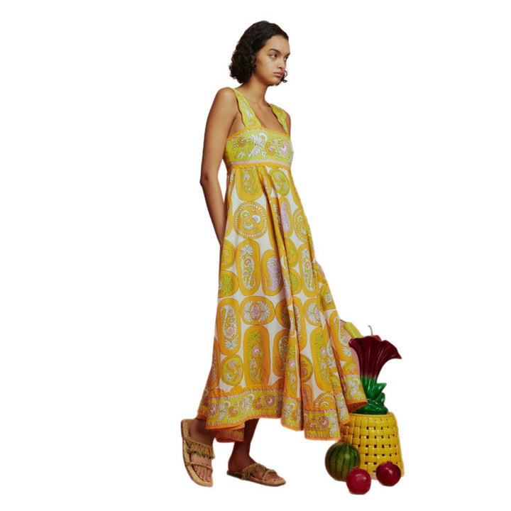 Women's maxi dress with playful paisley design and narrow waist belt Lune London