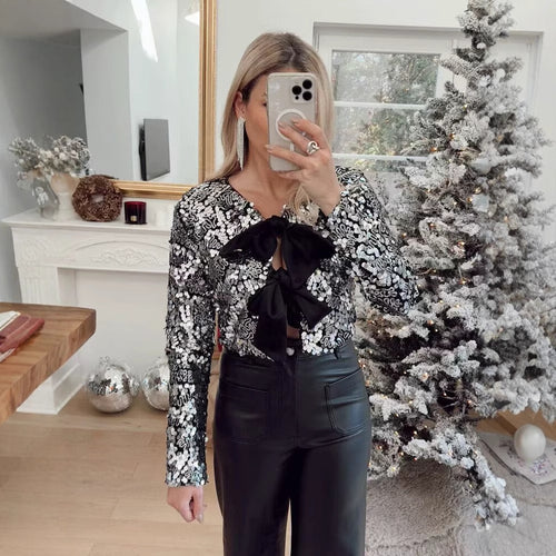Elegant evening jacket in Lurex for women with ruffles and pretty bows Lune London