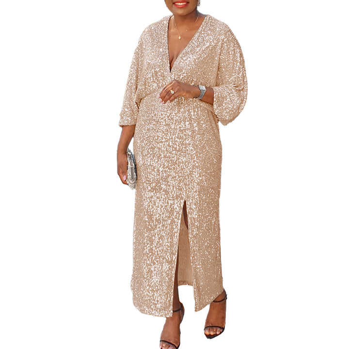 Sparkling evening dress for women with deep slit and luxurious puff sleeves Lune London