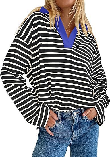 Casual striped summer sweater for women with V-neck and long sleeves Lune London