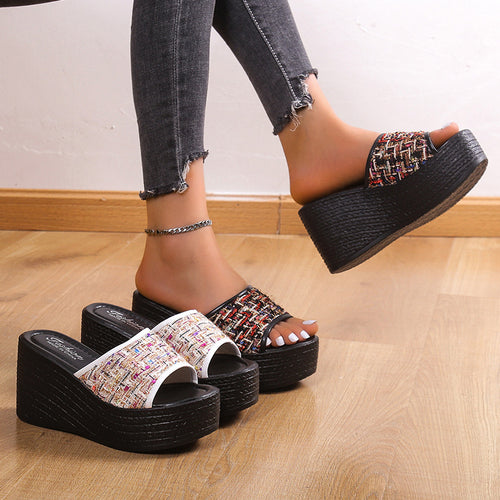Wedge-heeled slippers for women with modern textile accents and non-slip platform sole Lune London