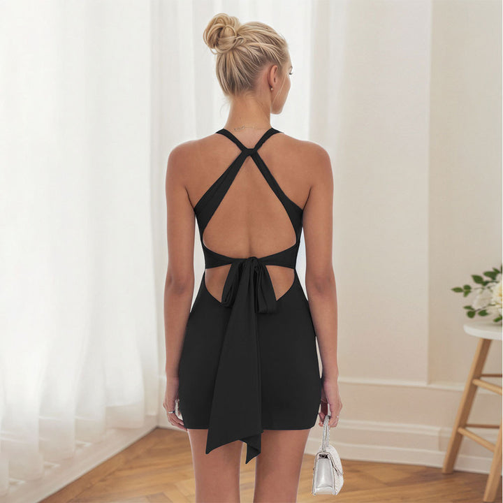 Mini sleeveless dress for women with deep V-neck and decorative twist Chic & Stil