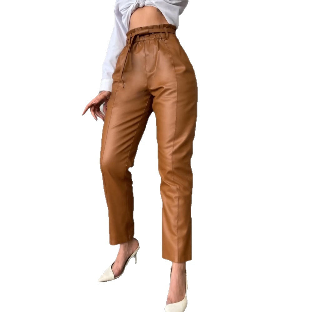 High-waisted faux leather pants for ladies with belt Lune London