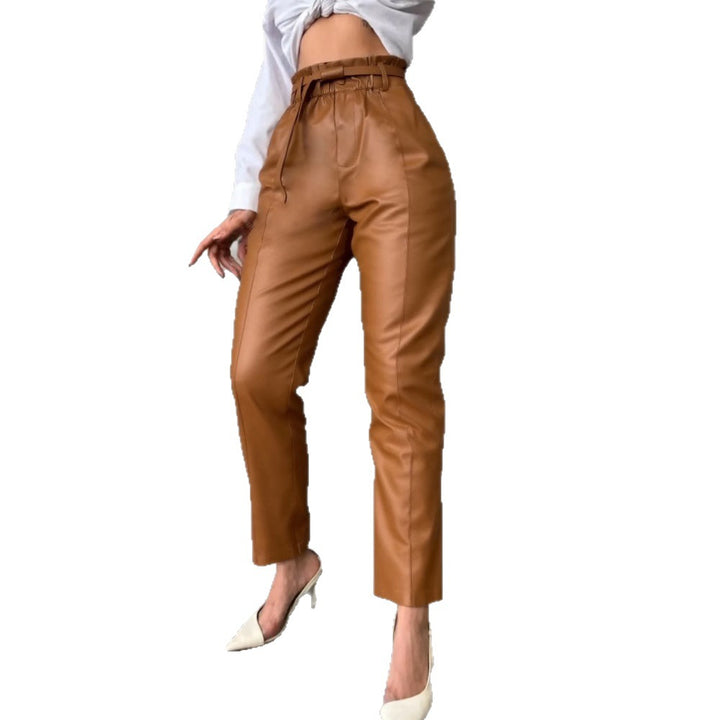 High-waisted faux leather pants for ladies with belt Lune London