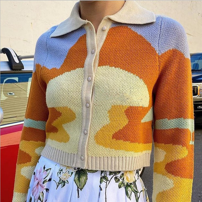 Fashionable knitted jacket for women with a creative color gradient and chic collar