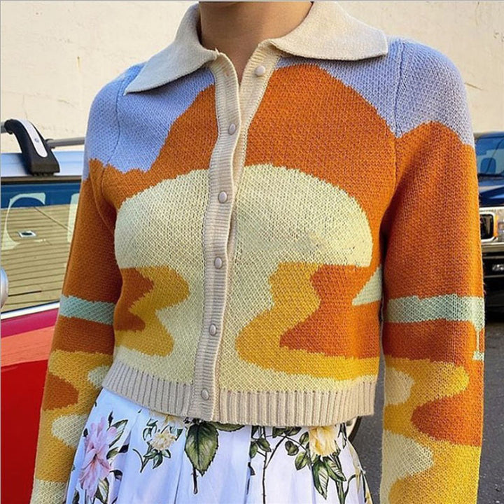 Fashionable knitted jacket for women with a creative color gradient and chic collar