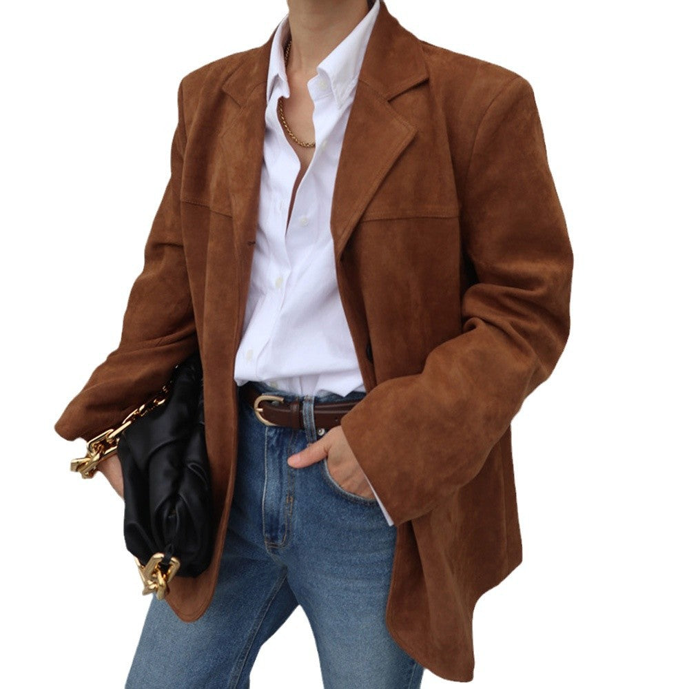 Oversized suede blazer for women with stylish stitching details Lune London