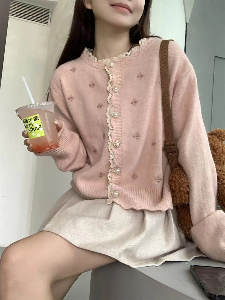 Ladies Elegant knitted cardigan with pearl buttons and structured design Lune London