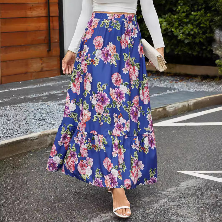Maxi skirt for women with a cheerful floral pattern and a voluminous ruffle approach Lune London