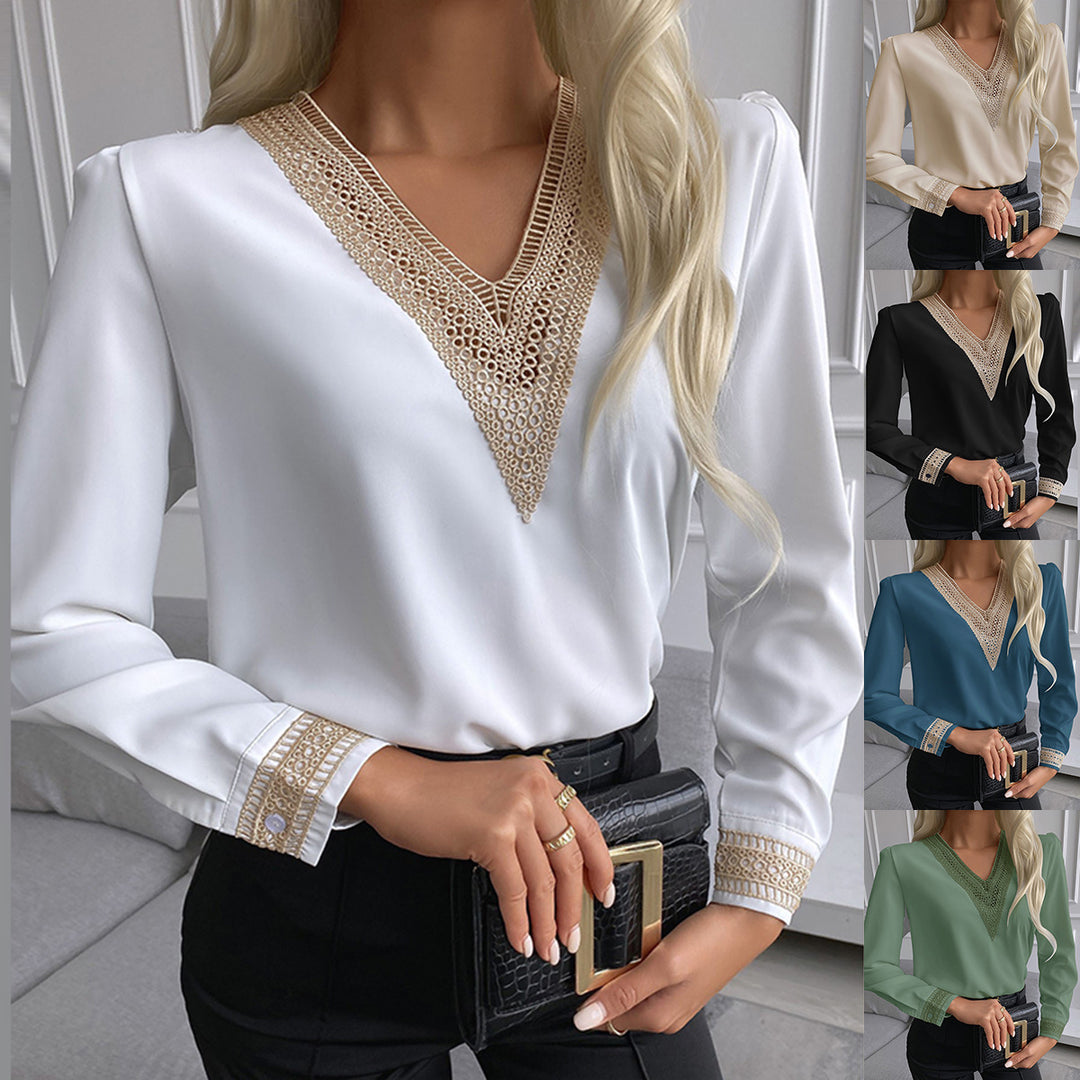 Ladies Elegant V Neck Blouse with Decorative Lace Lune London