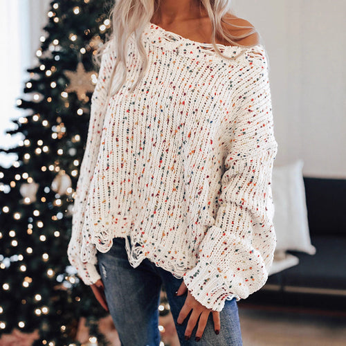 Casual knitted sweater for women with a colorful splatter design and a comfortable round neckline Lune London