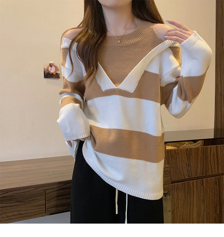 Ladies Oversized V-neck Pullover with trendy striped pattern and open shoulder design Lune London