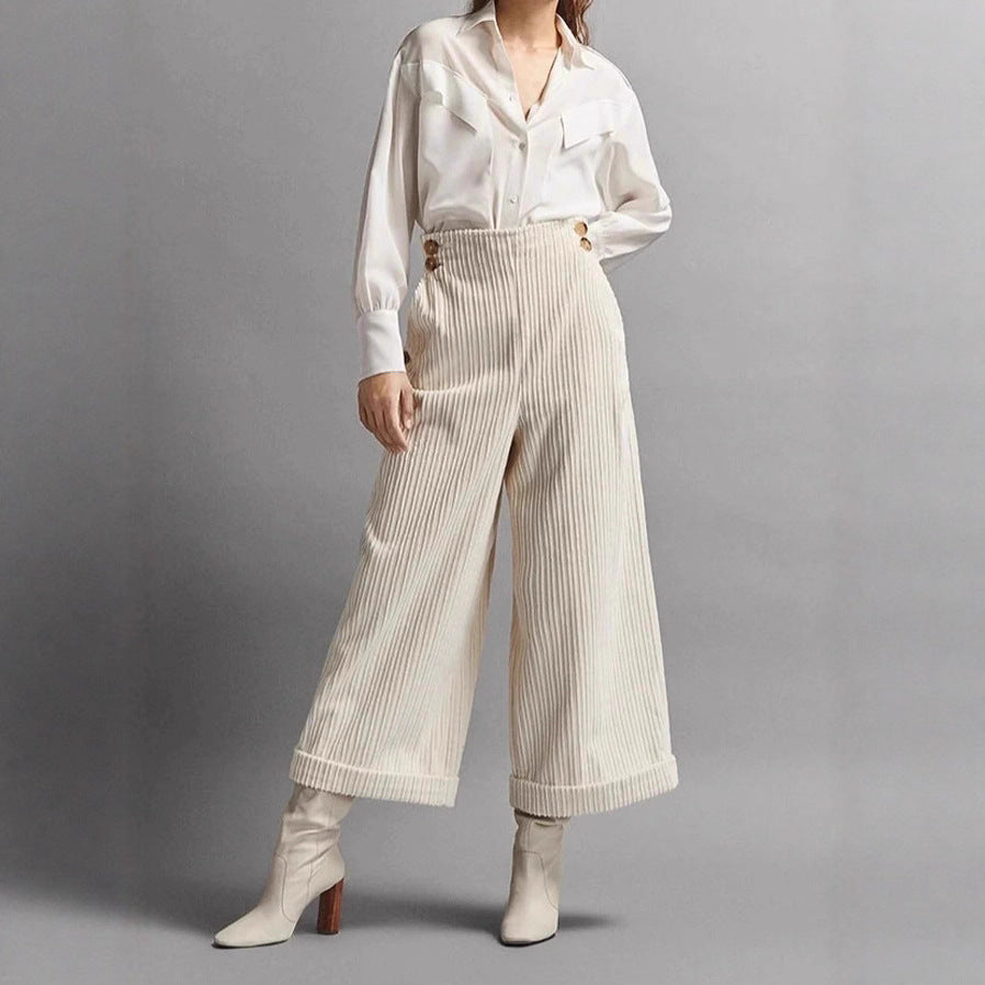 Pantalon large en velours côtelé pour femmes avec boutons décoratifs Chic & Stil