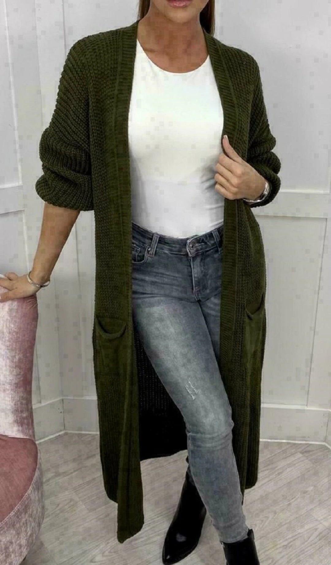 Ladies Long knitted cardigan with a textured knit look and practical pockets Lune London