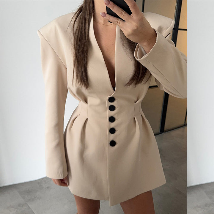 Trendy blazer dress for women with structured shoulders and deep V-neck Lune London