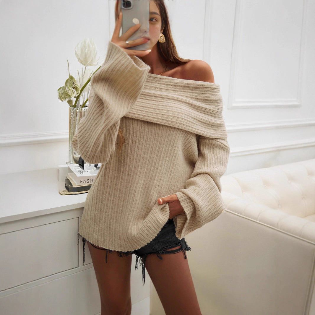 Women Off-Shoulder Knitted Sweater with Chic Ribbed Design