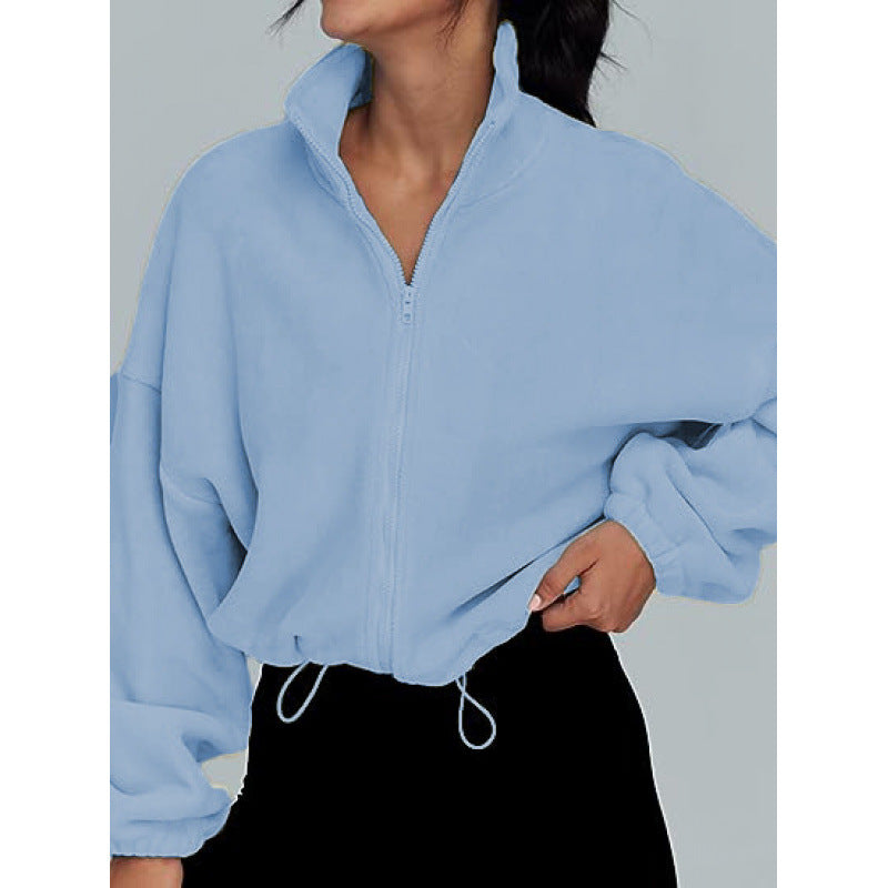 Trendy oversized zip-up pullover for ladies with high collar and drawstring Lune London
