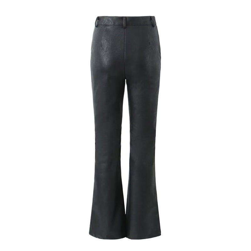 Wide faux leather trousers for women with stylish and chic flaps