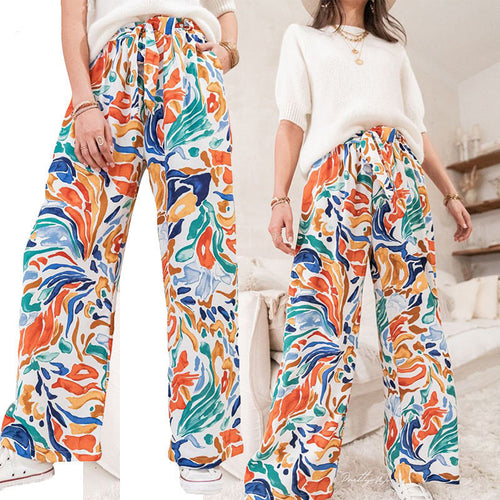 Wide palazzo pants for women with colorful pattern and elastic waist Lune London