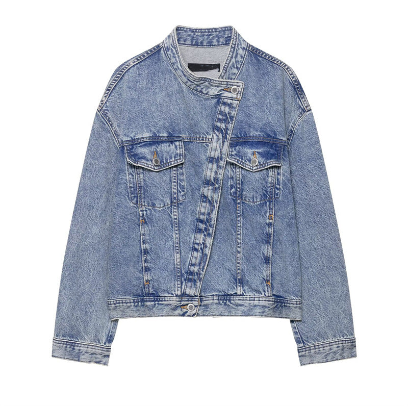 Veste en jean de créateur pour femmes avec coupe asymétrique et poches pratiques Chic & Stil