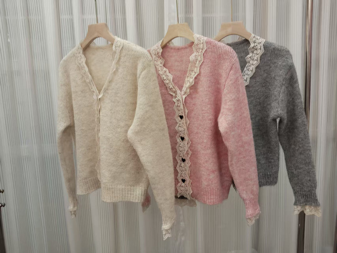 Knit jacket for women with lace accents and heart-shaped buttons Lune London