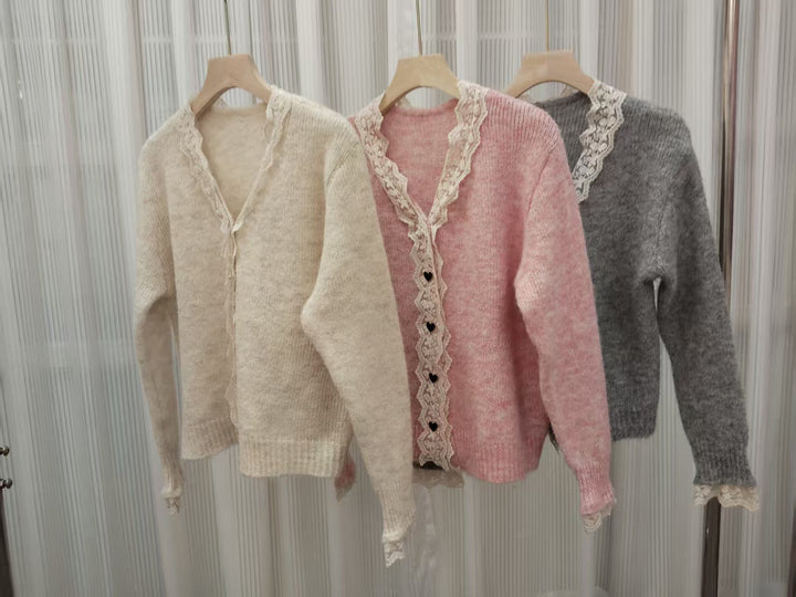 Knit jacket for women with lace accents and heart-shaped buttons Lune London