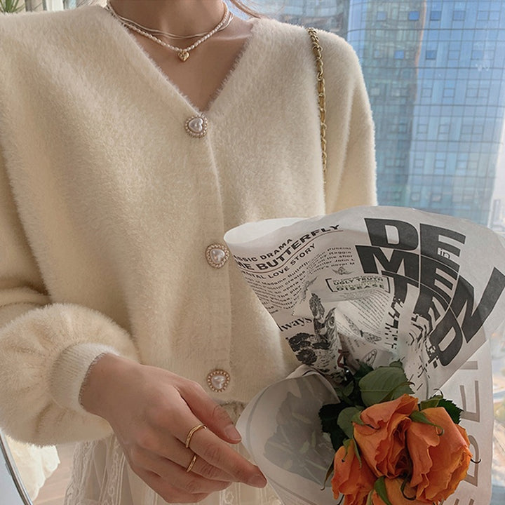 Cardigan V en Jouant pour Femmes avec Boutons en Forme de Cœur Chic & Stil