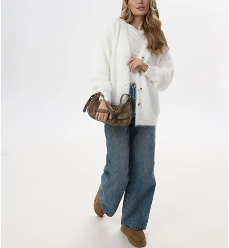Ladies Soft Wool Sweater with Pearl Buttons and Casual Chic Fit