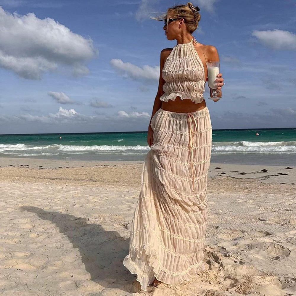 Maxi skirt and crop-top set for women with a playful ruffled design Lune London