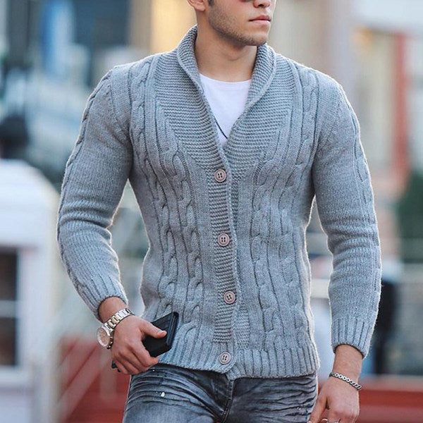 Men's knitted jacket with a unique cable pattern and a trendy shawl collar Lune London