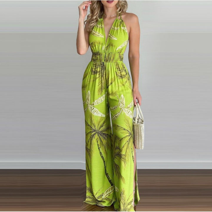 Women Bohemian Halter Neck Maxi Jumpsuit with Side Slits Lune London