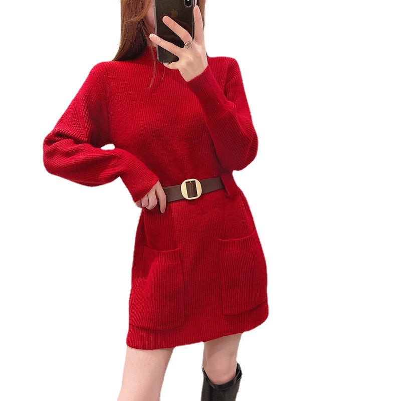 Knit dress for women with a high collar and practical pockets Lune London
