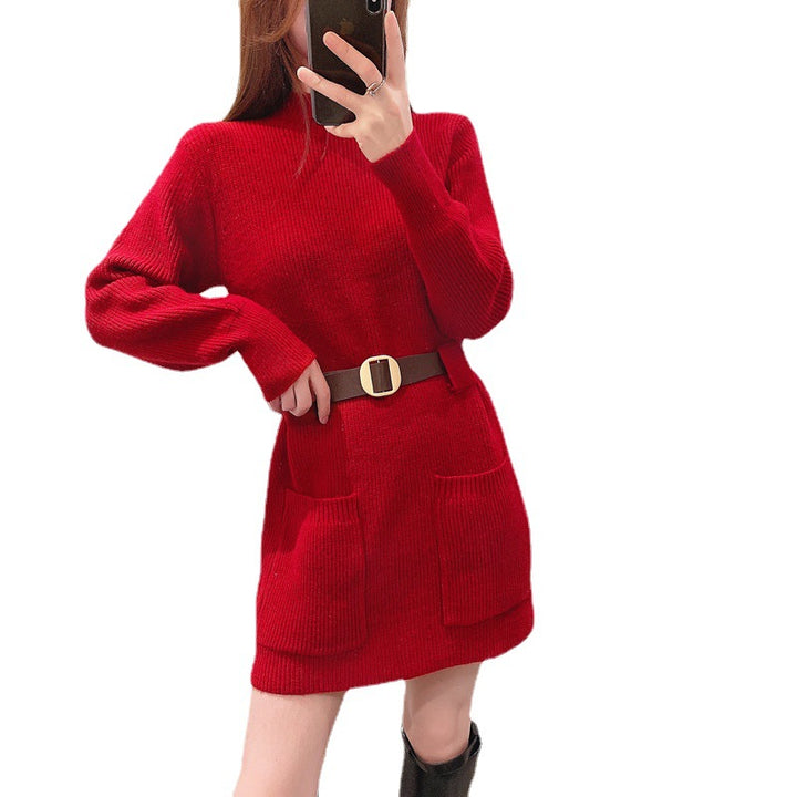 Knit dress for women with a high collar and practical pockets Lune London