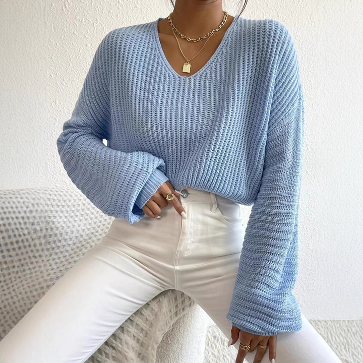 Casual knit sweater for women with wide V-neck and extra long sleeves Lune London