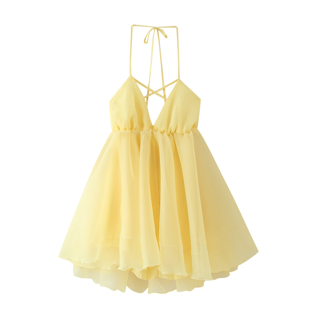 Summer chiffon dress for ladies with adjustable straps and a voluminous skirt Lune London
