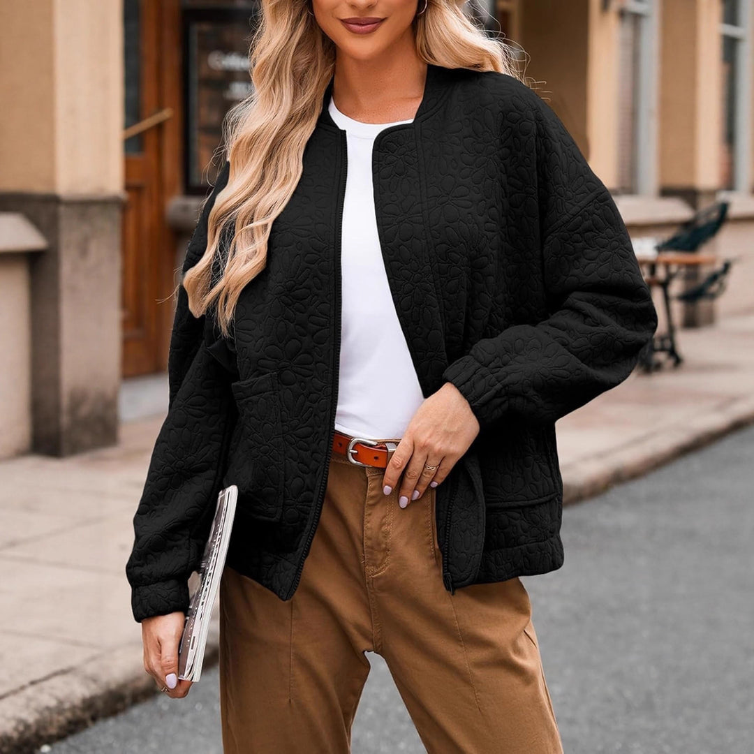 Quilted bomber jacket for women with floral design and practical pockets Lune London
