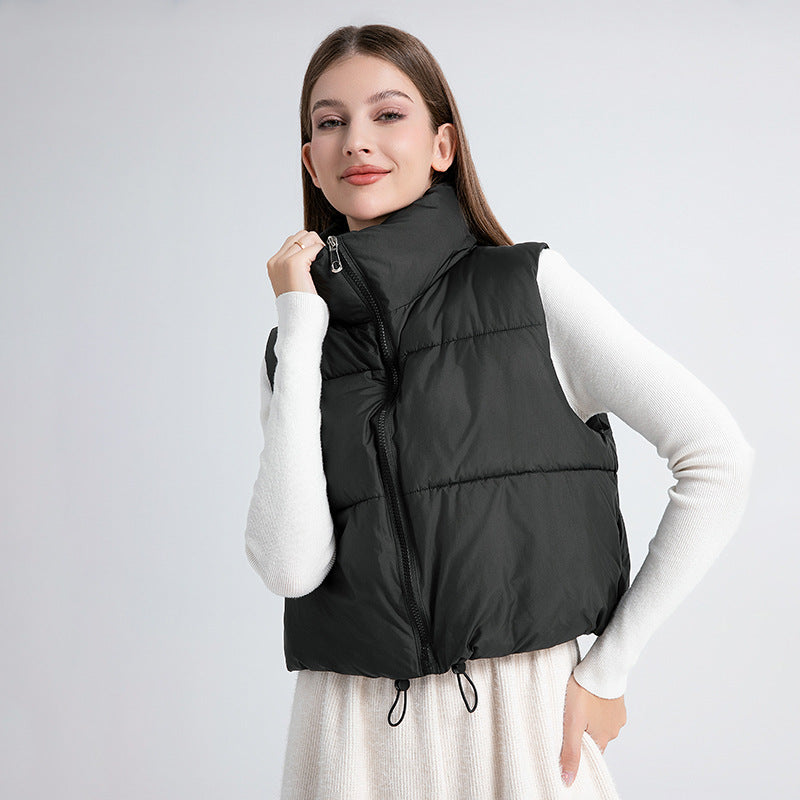Ladies sleeveless down jacket with high collar and adjustable drawstring waist Lune London