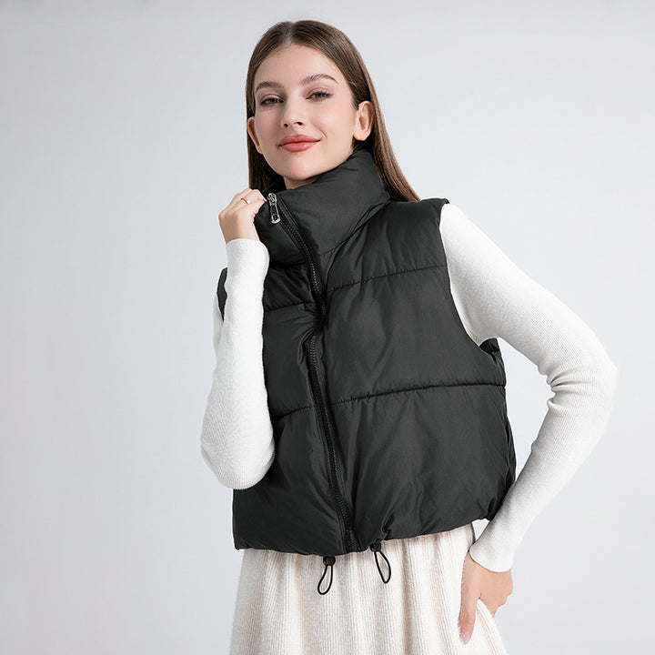 Ladies sleeveless down jacket with high collar and adjustable drawstring waist Lune London