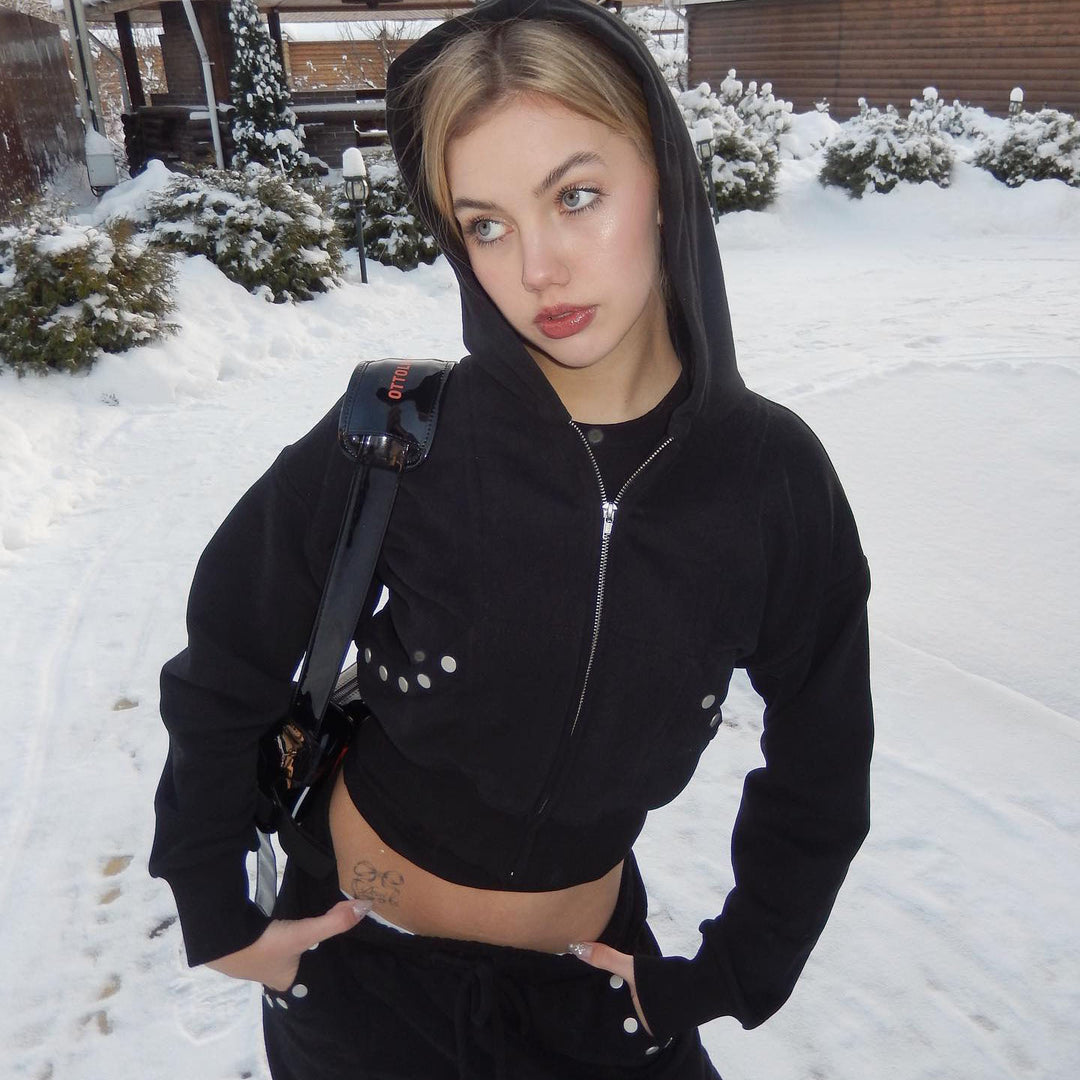 Ladies sweat-crop hoodie with innovative snap button details Lune London
