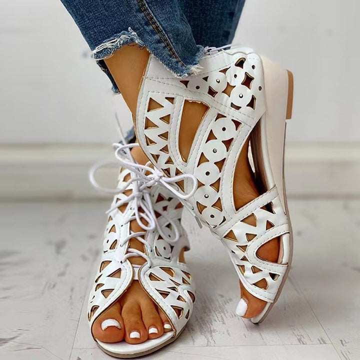 Faux leather sandals for women with cut-out design and laces Lune London