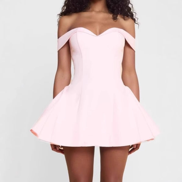 Off-shoulder mini dress for women with a voluminous skirt and elegant V-neck Lune London