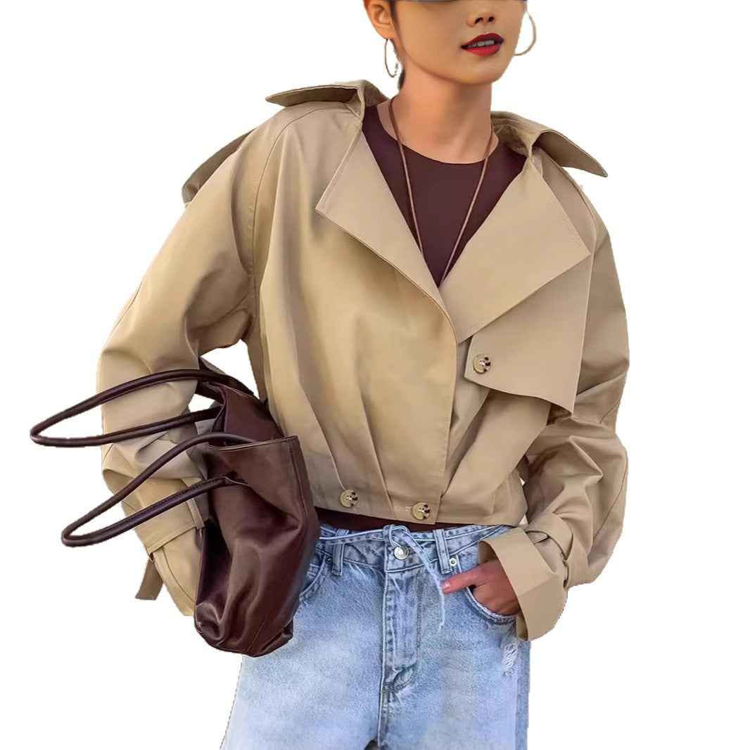 Ladies trendy cropped trench coat with innovative sleeves Lune London