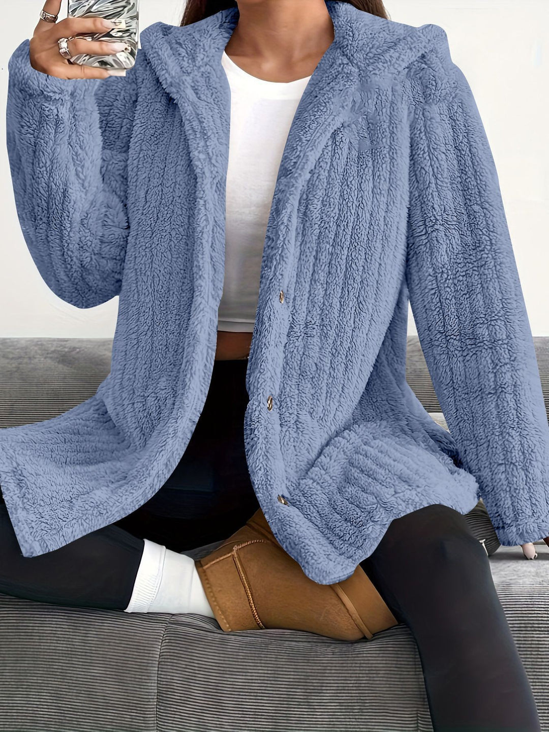 Ladies Cozy Hooded Jacket with Chic and Stylish Button Details