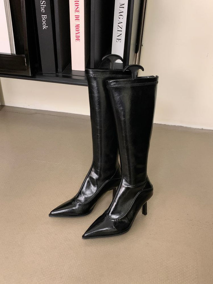 Elegant thigh-high leather boots for women with pointed heel Lune London
